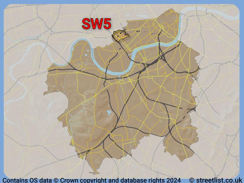 Where the SW5 postcode district lies within the wider  postcode area