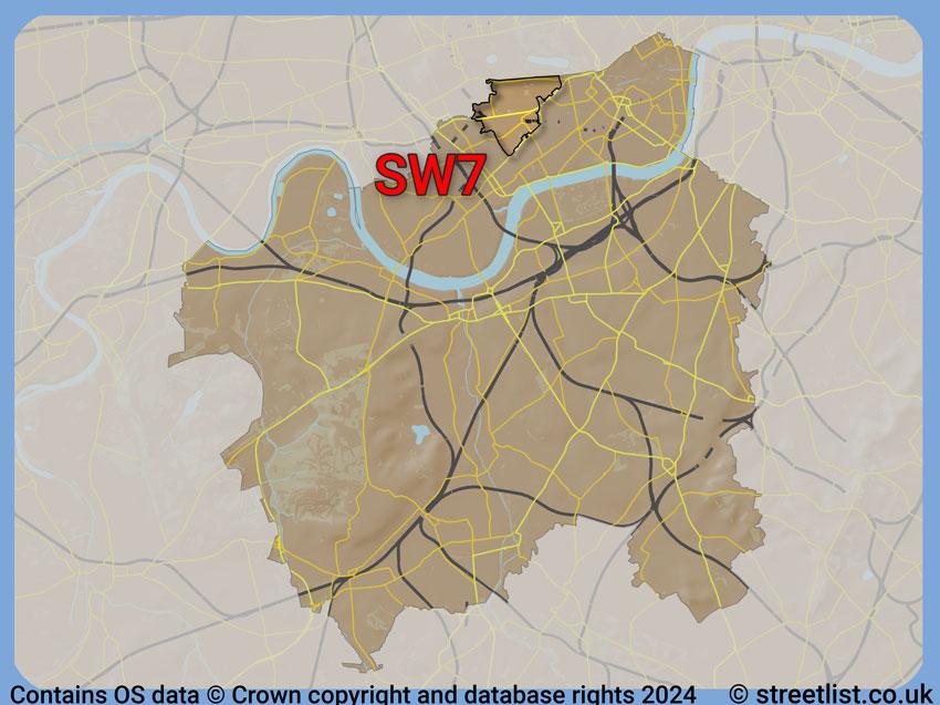 Where the SW7 postcode district lies within the wider  postcode area