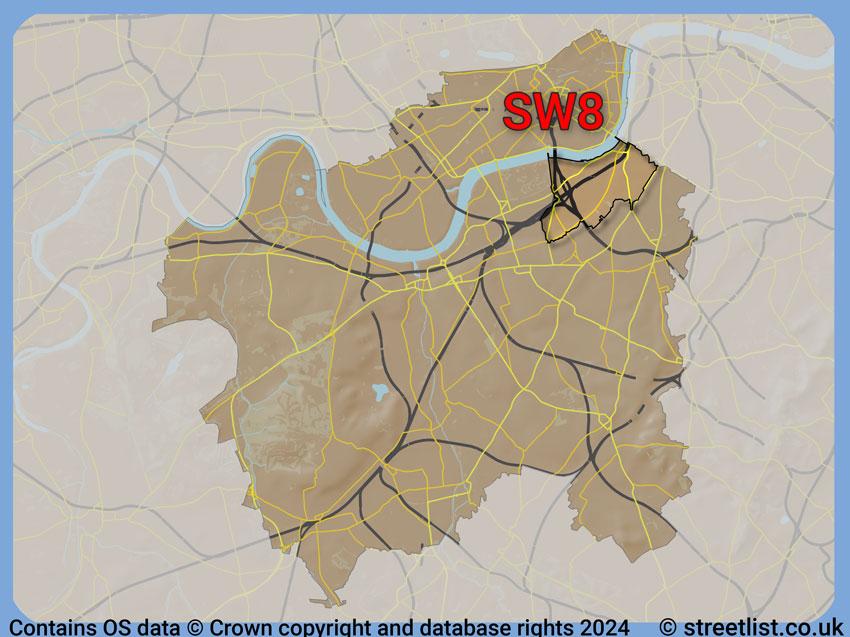 Where the SW8 postcode district lies within the wider  postcode area