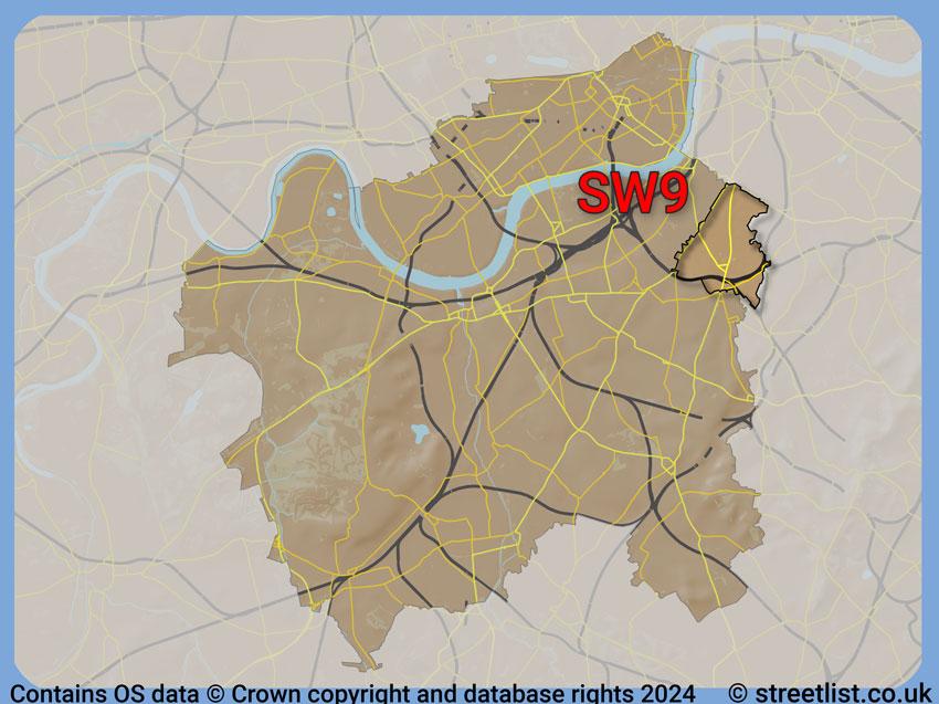 Where the SW9 postcode district lies within the wider  postcode area