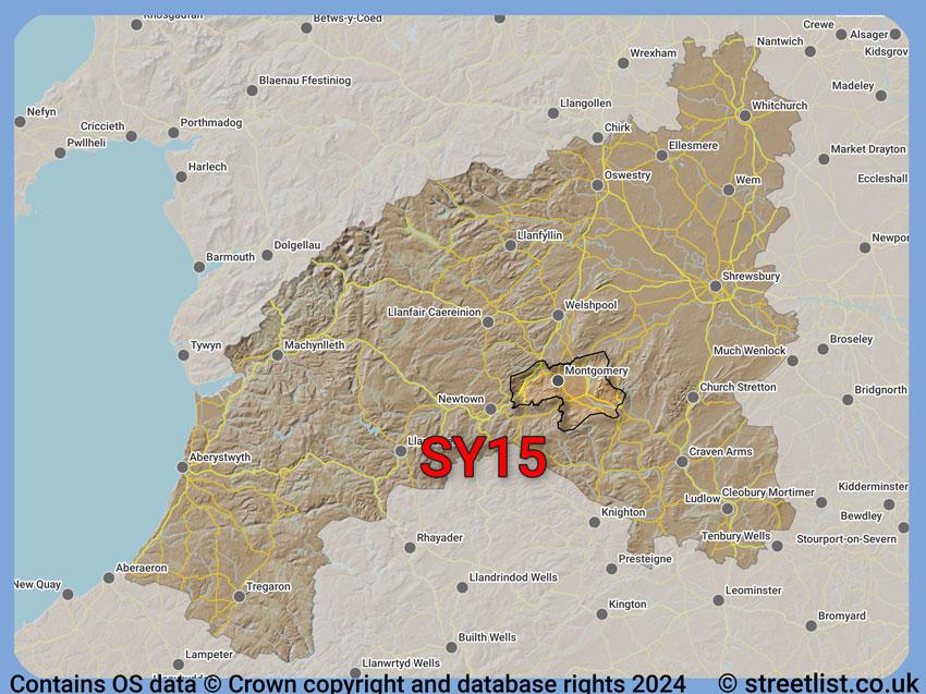 Where the SY15 postcode district lies within the wider  postcode area