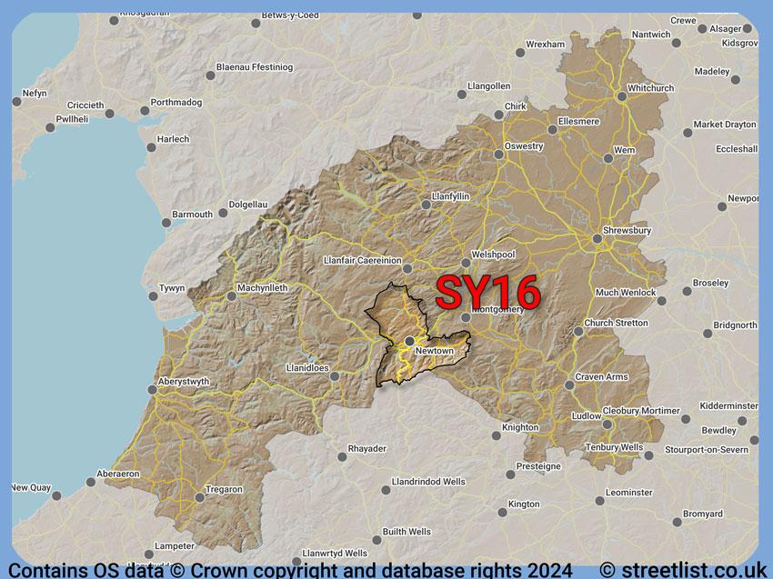 Where the SY16 postcode district lies within the wider  postcode area