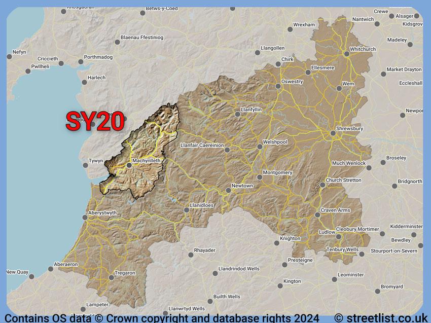 Where the SY20 postcode district lies within the wider  postcode area