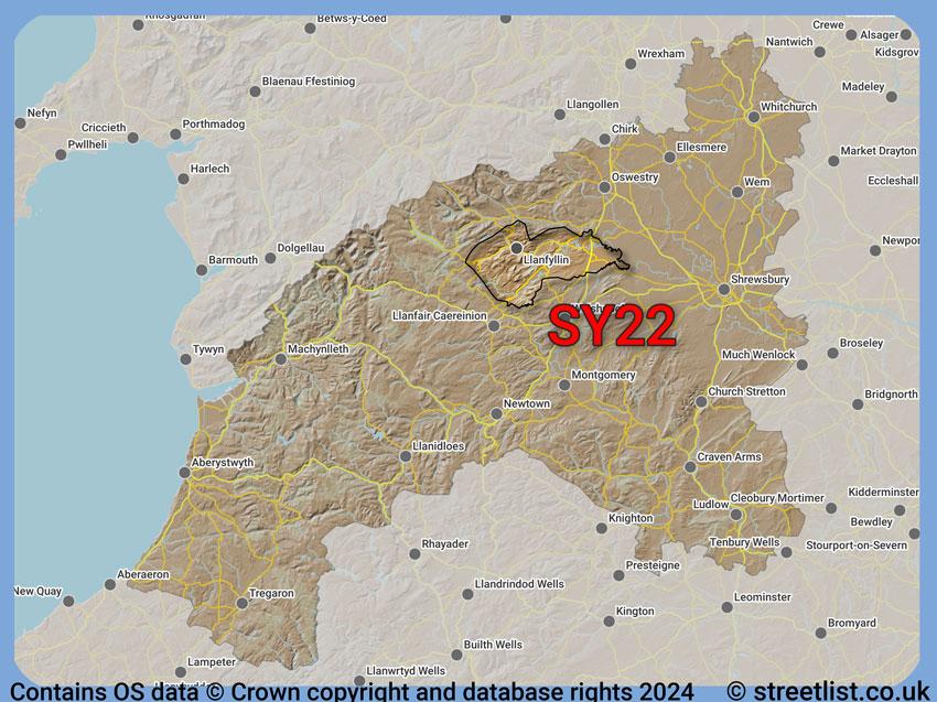 Where the SY22 postcode district lies within the wider  postcode area