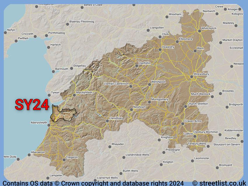 Where the SY24 postcode district lies within the wider  postcode area