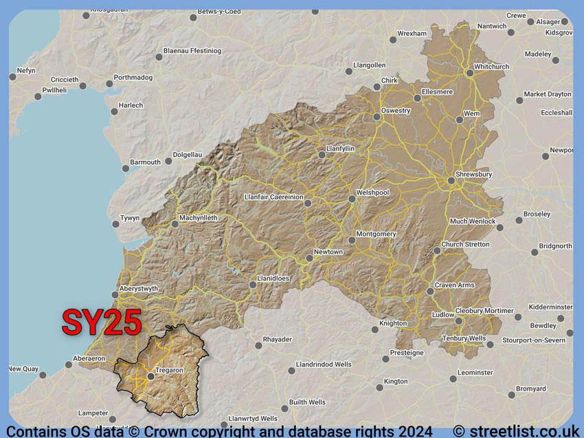 Where the SY25 postcode district lies within the wider  postcode area