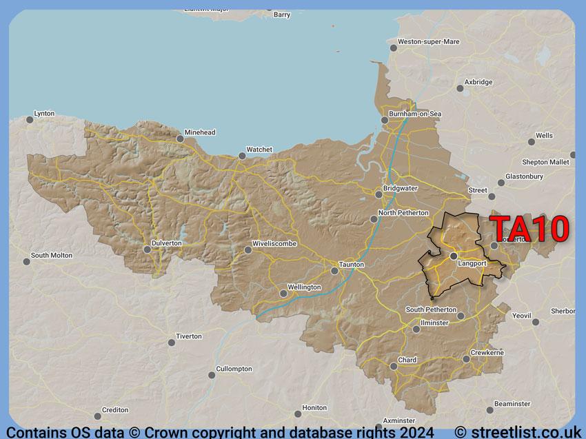 Where the TA10 postcode district lies within the wider  postcode area