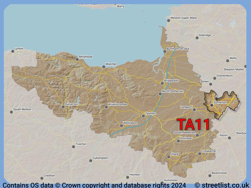 Where the TA11 postcode district lies within the wider  postcode area