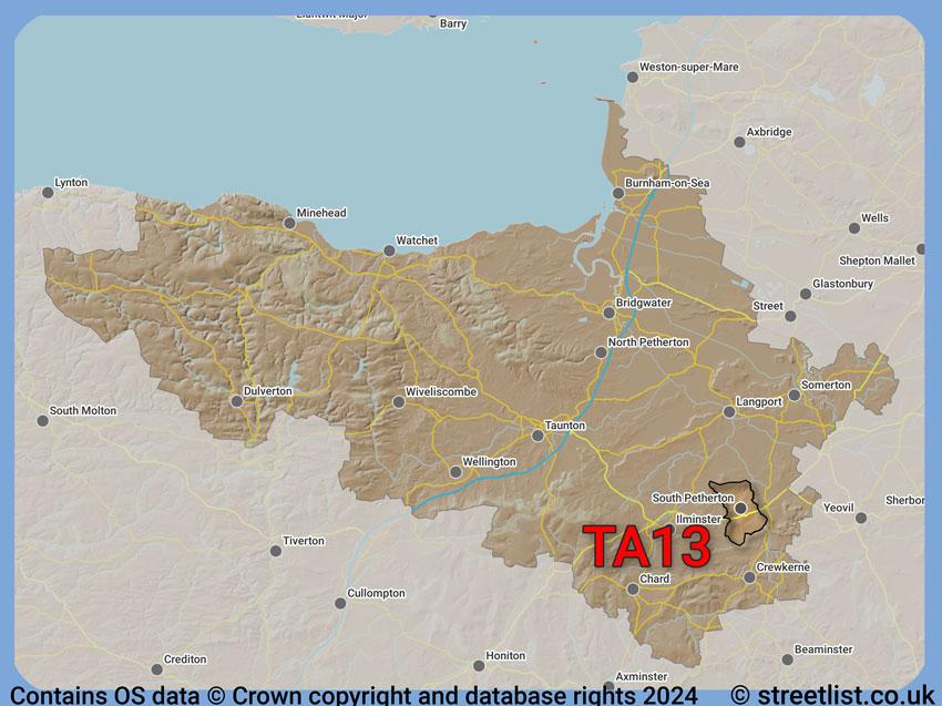 Where the TA13 postcode district lies within the wider  postcode area