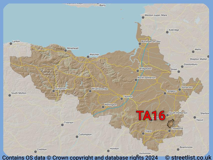 Where the TA16 postcode district lies within the wider  postcode area