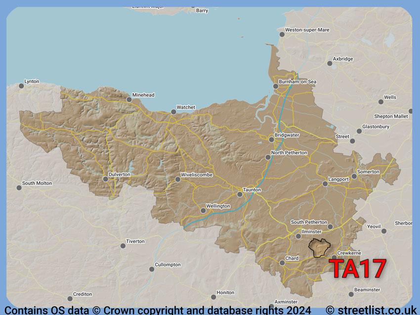 Where the TA17 postcode district lies within the wider  postcode area