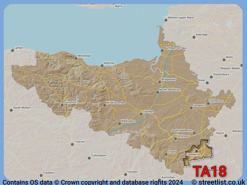 Where the TA18 postcode district lies within the wider  postcode area