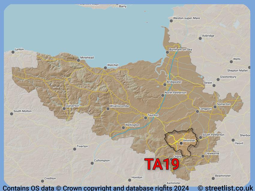 Where the TA19 postcode district lies within the wider  postcode area