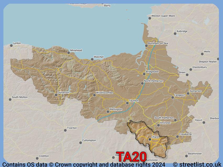 Where the TA20 postcode district lies within the wider  postcode area