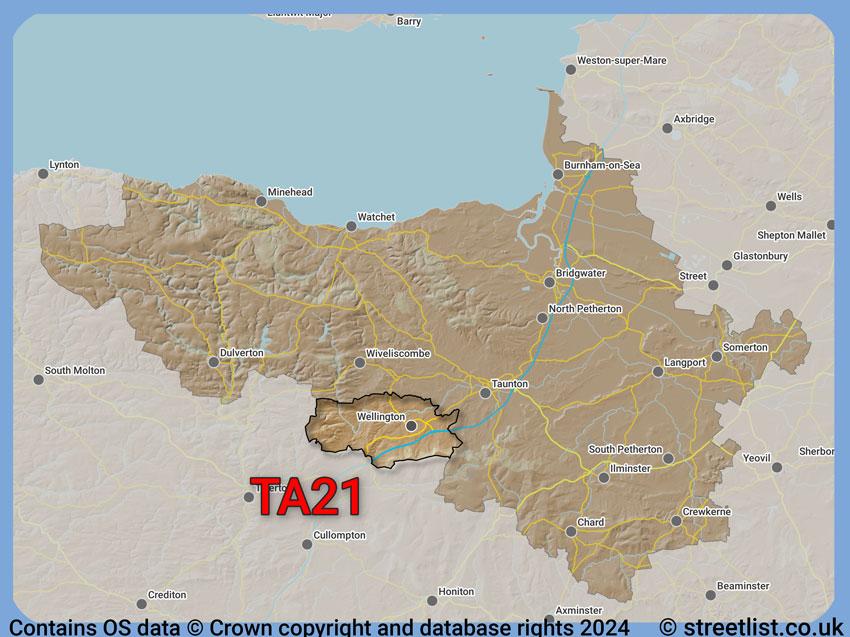 Where the TA21 postcode district lies within the wider  postcode area