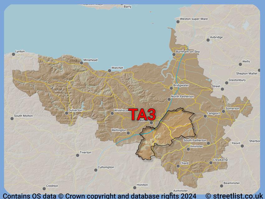 Where the TA3 postcode district lies within the wider  postcode area