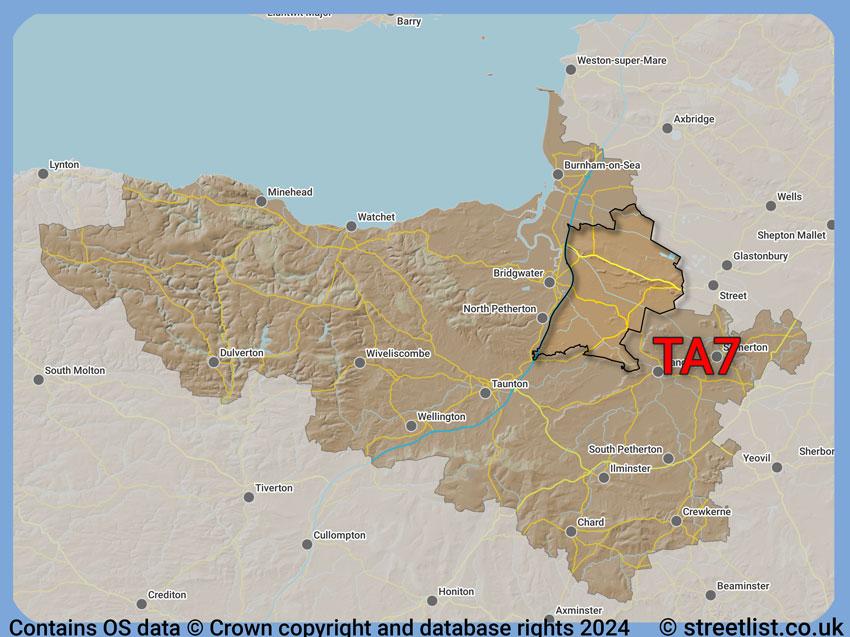 Where the TA7 postcode district lies within the wider  postcode area