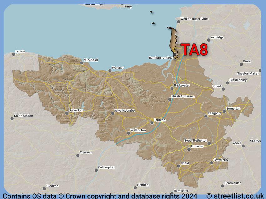 Where the TA8 postcode district lies within the wider  postcode area