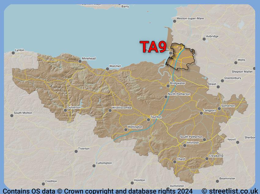 Where the TA9 postcode district lies within the wider  postcode area