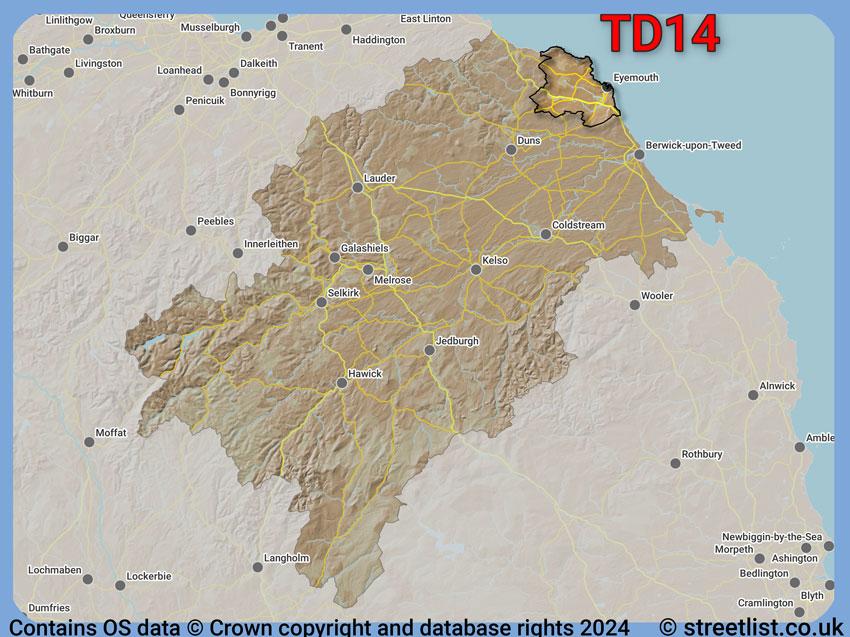 Where the TD14 postcode district lies within the wider  postcode area