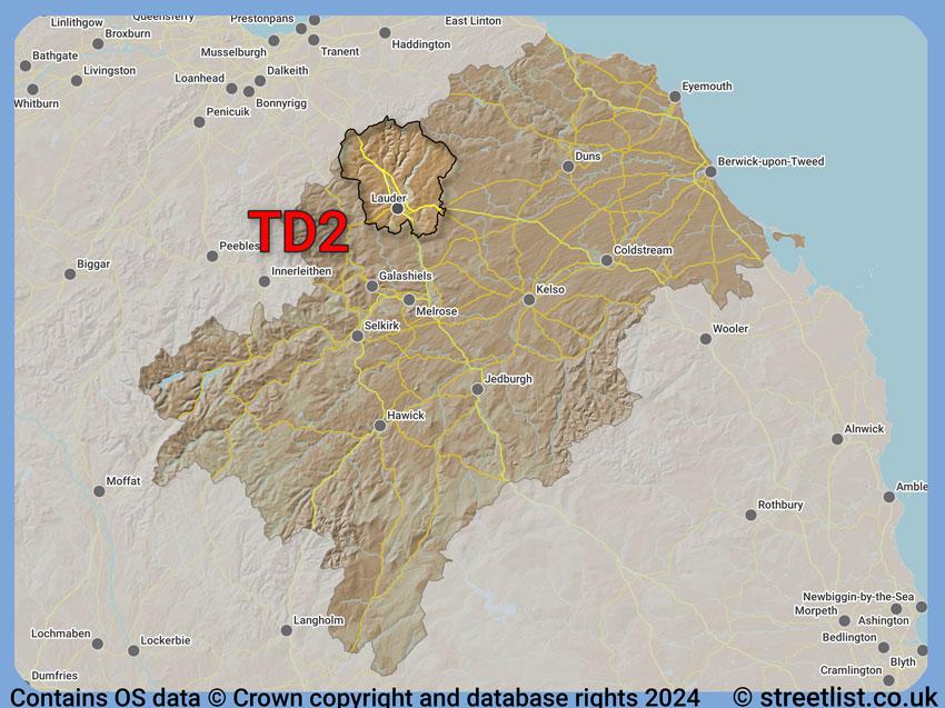 Where the TD2 postcode district lies within the wider  postcode area