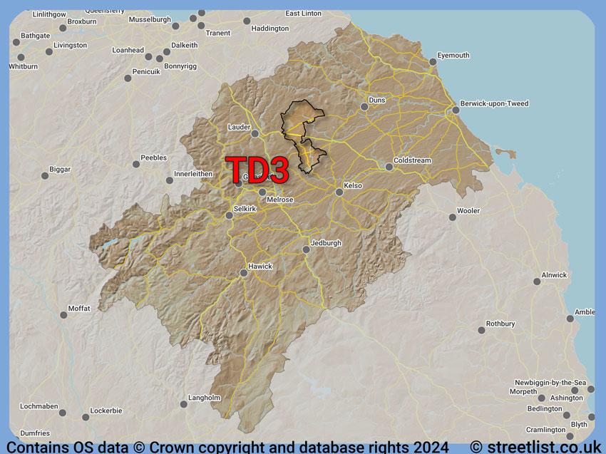 Where the TD3 postcode district lies within the wider  postcode area