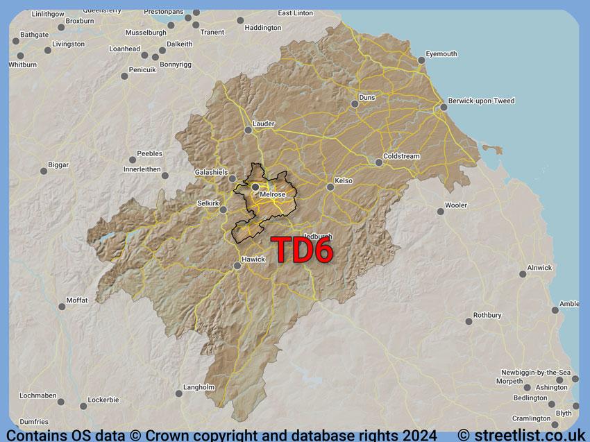 Where the TD6 postcode district lies within the wider  postcode area