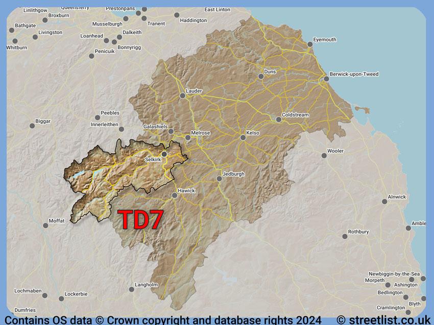 Where the TD7 postcode district lies within the wider  postcode area