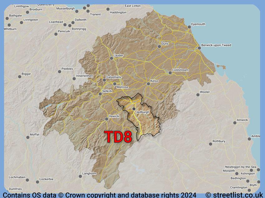 Where the TD8 postcode district lies within the wider  postcode area