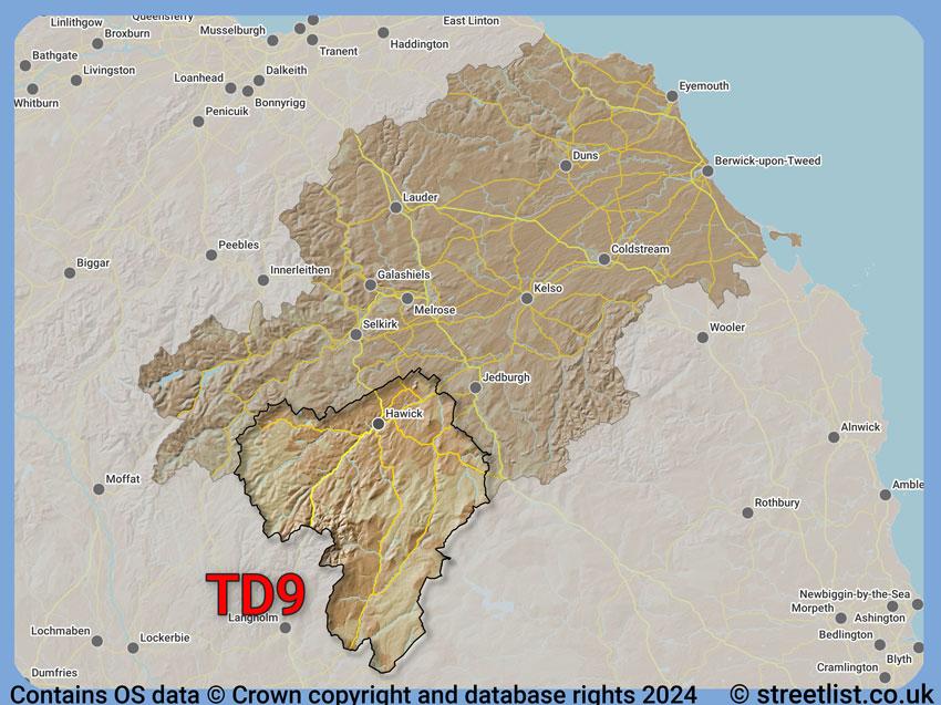 Where the TD9 postcode district lies within the wider  postcode area