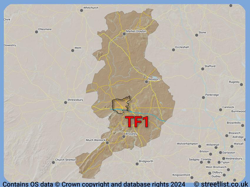 Where the TF1 postcode district lies within the wider  postcode area