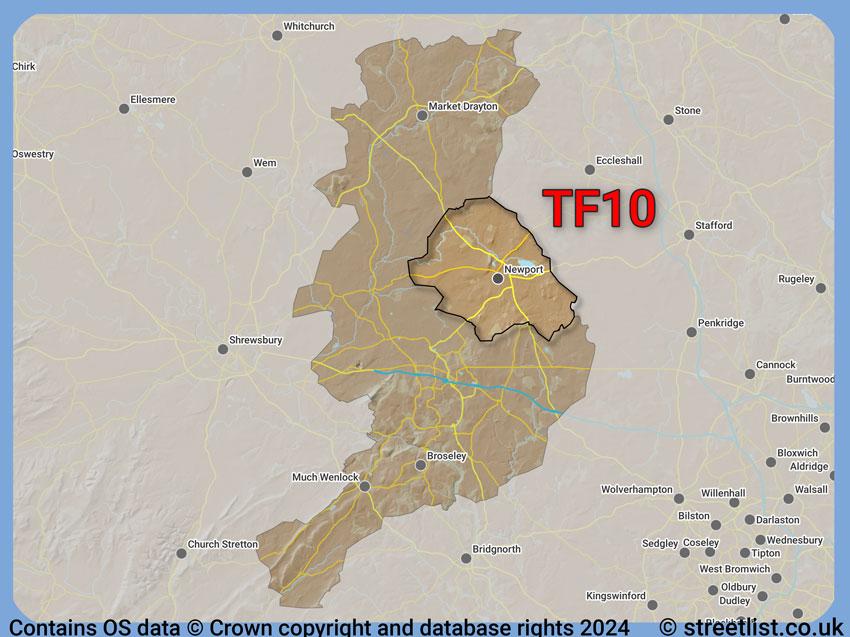 Where the TF10 postcode district lies within the wider  postcode area