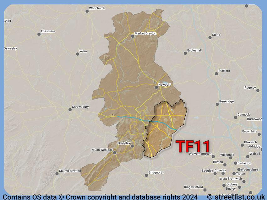 Where the TF11 postcode district lies within the wider  postcode area