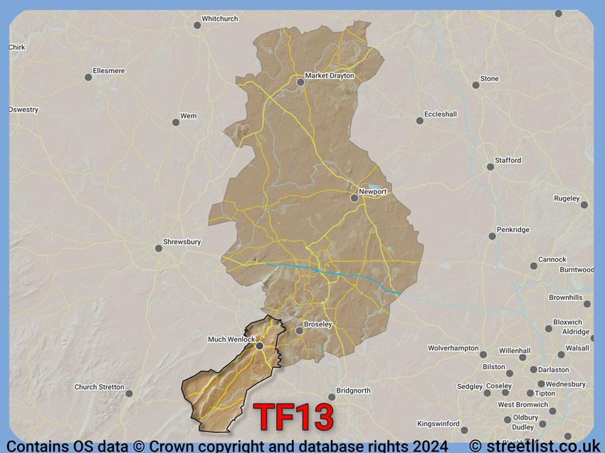 Where the TF13 postcode district lies within the wider  postcode area