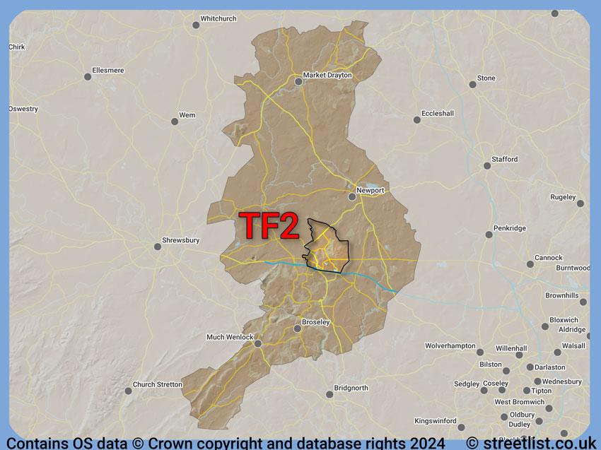 Where the TF2 postcode district lies within the wider  postcode area