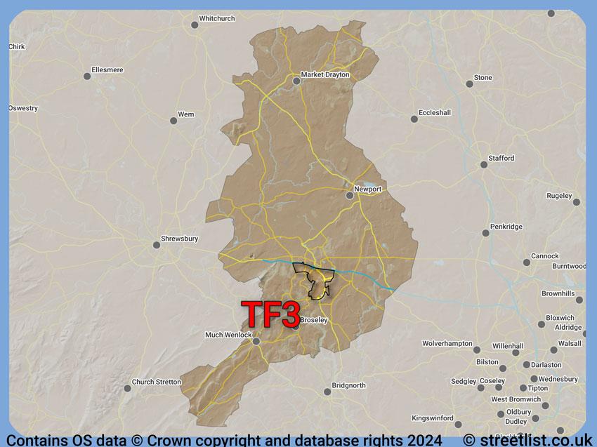 Where the TF3 postcode district lies within the wider  postcode area