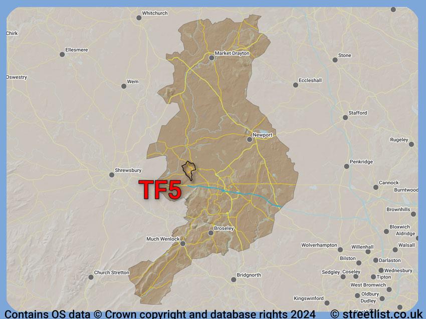 Where the TF5 postcode district lies within the wider  postcode area