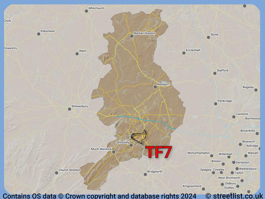 Where the TF7 postcode district lies within the wider  postcode area