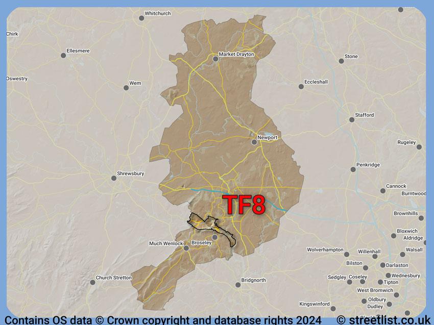 Where the TF8 postcode district lies within the wider  postcode area