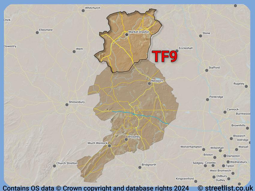 Where the TF9 postcode district lies within the wider  postcode area