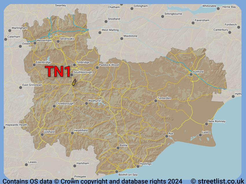 Where the TN1 postcode district lies within the wider  postcode area