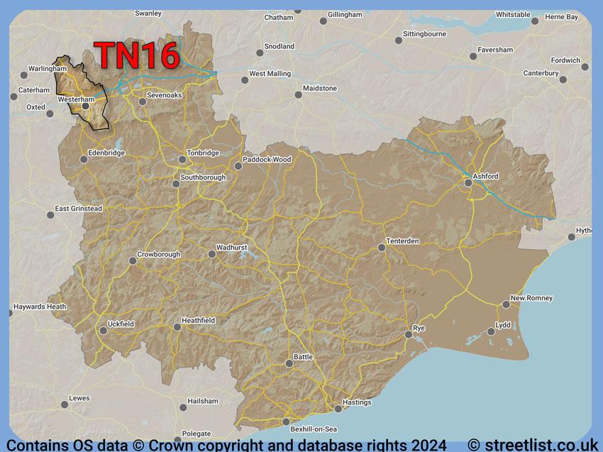 Where the TN16 postcode district lies within the wider  postcode area