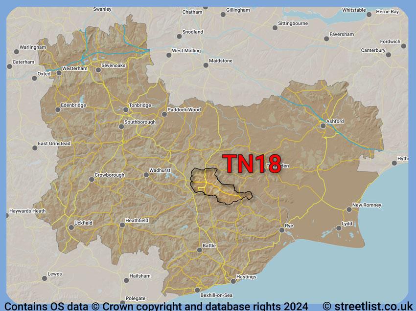 Where the TN18 postcode district lies within the wider  postcode area