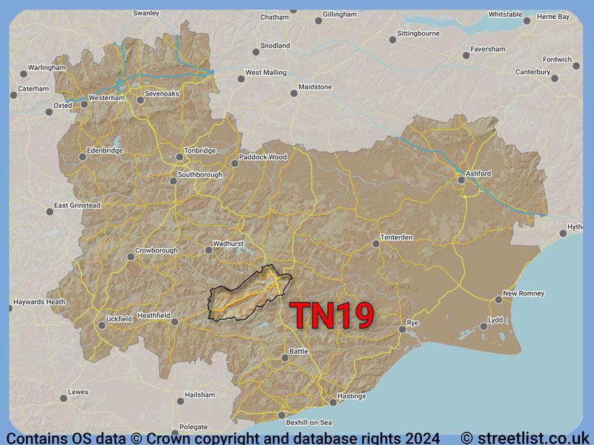 Where the TN19 postcode district lies within the wider  postcode area