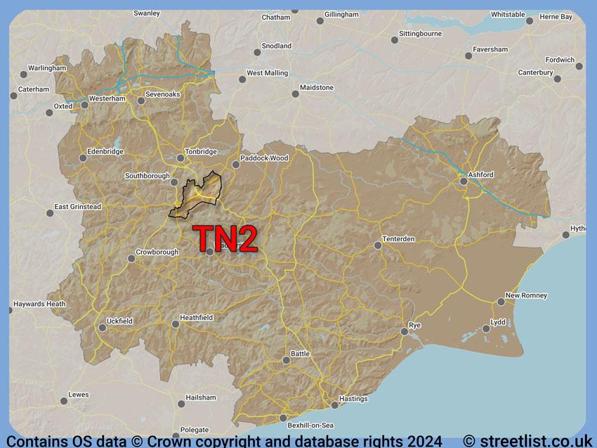 Where the TN2 postcode district lies within the wider  postcode area