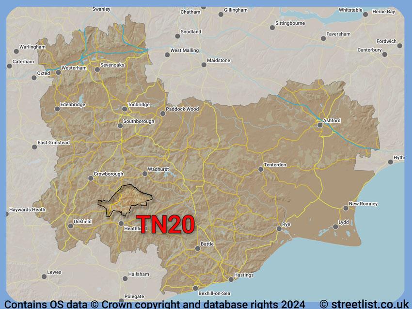 Where the TN20 postcode district lies within the wider  postcode area