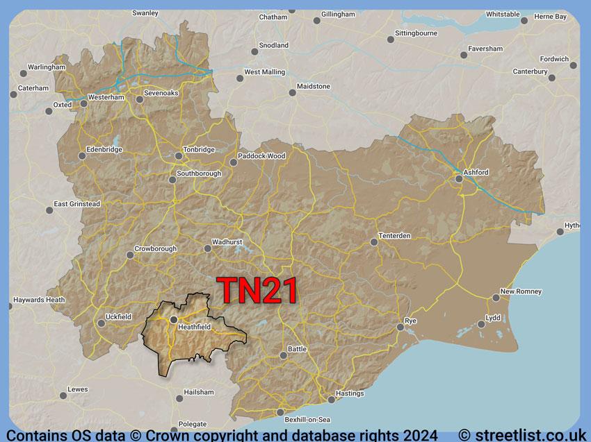 Where the TN21 postcode district lies within the wider  postcode area