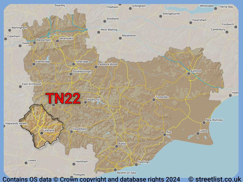 Where the TN22 postcode district lies within the wider  postcode area