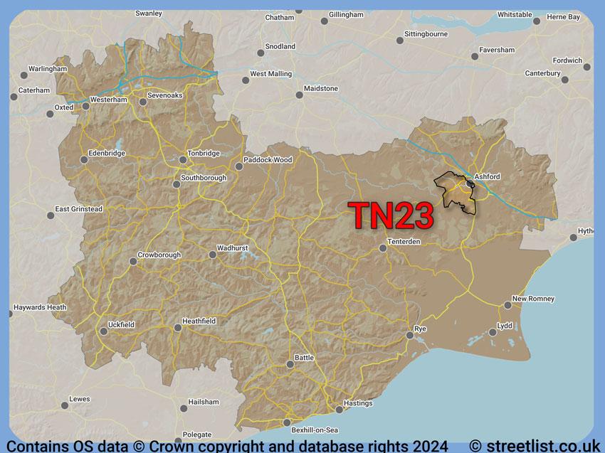 Where the TN23 postcode district lies within the wider  postcode area