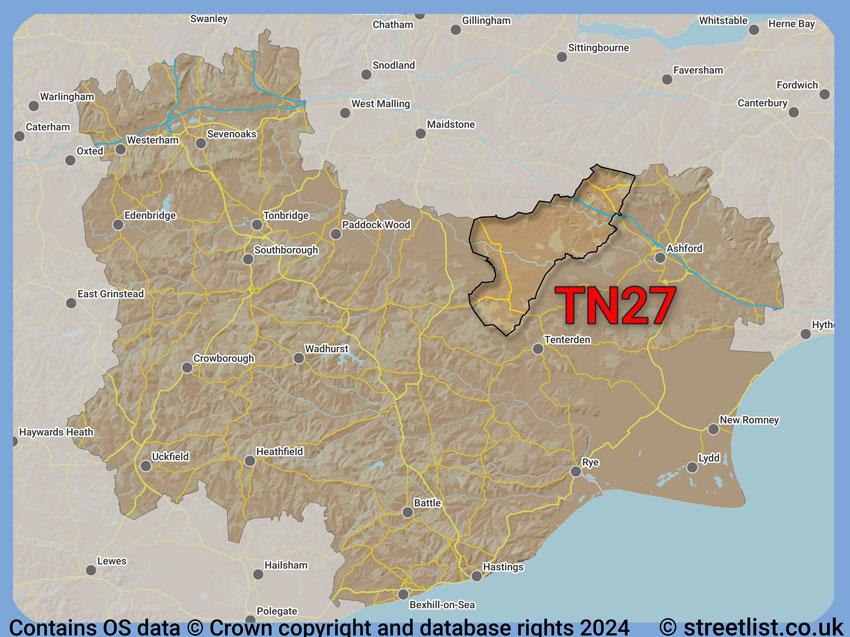 Where the TN27 postcode district lies within the wider  postcode area